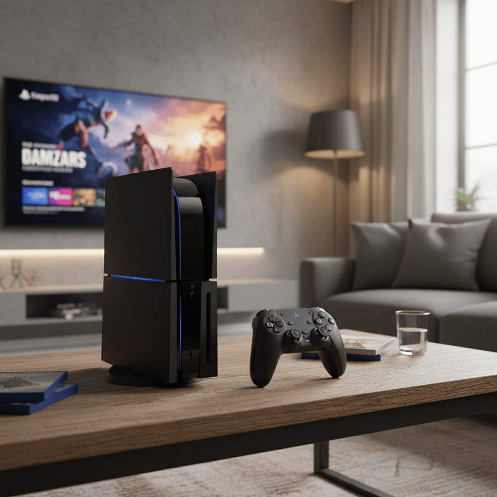 Gaming console with controller on wooden table