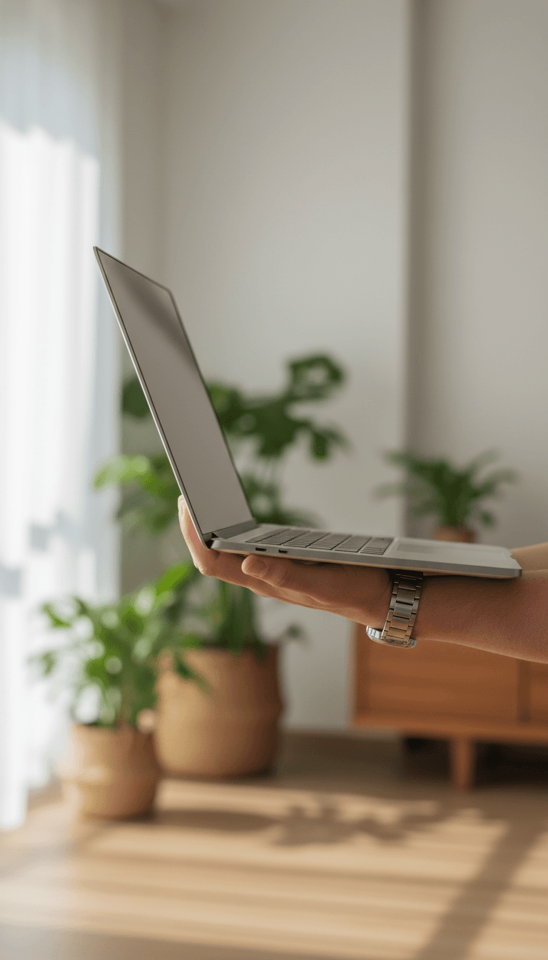 Hand holding a refurbished laptop